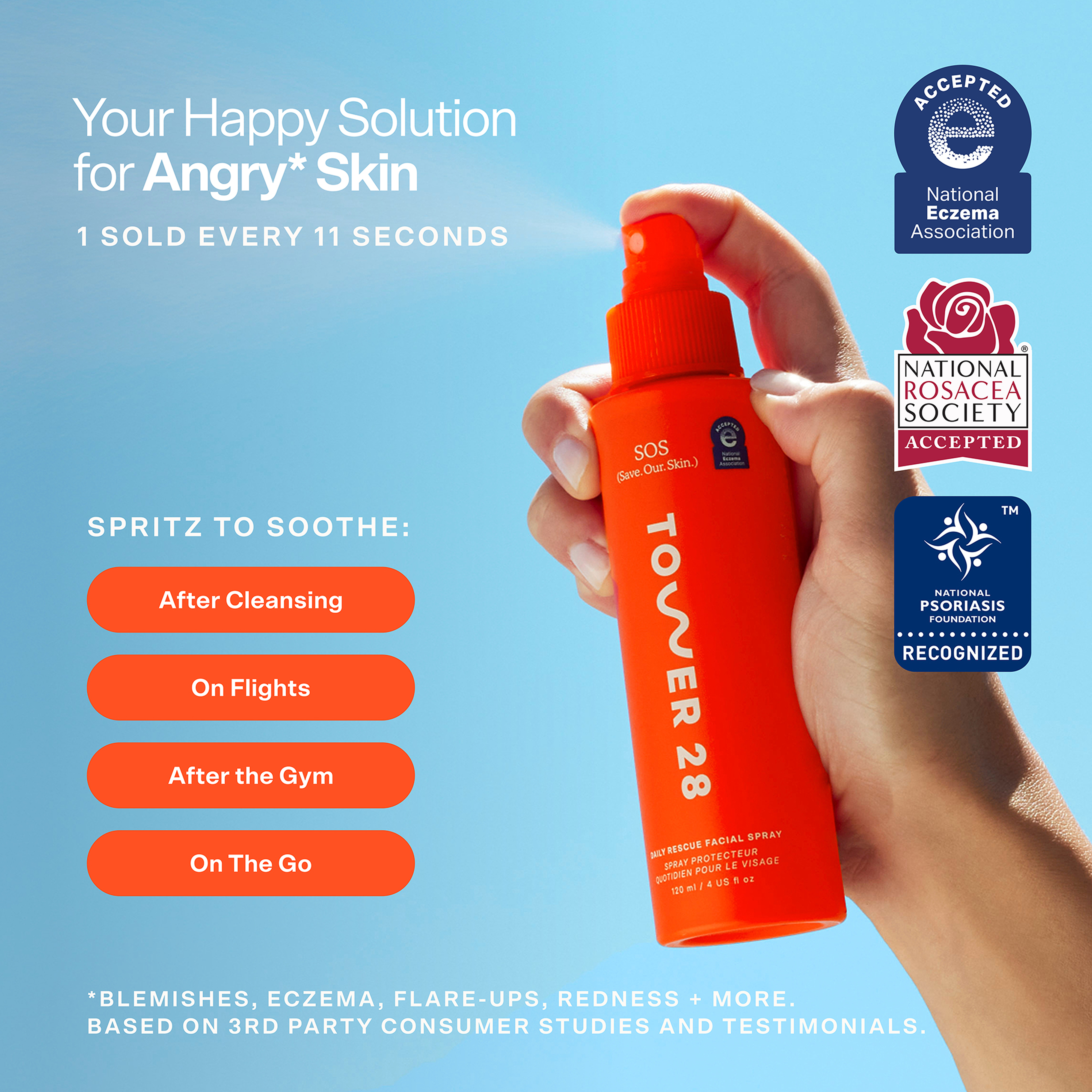Benefits of SOS Rescue Spray: soothing, purifying, reduces redness, alcohol-free, fragrance-free, safe for sensitive skin