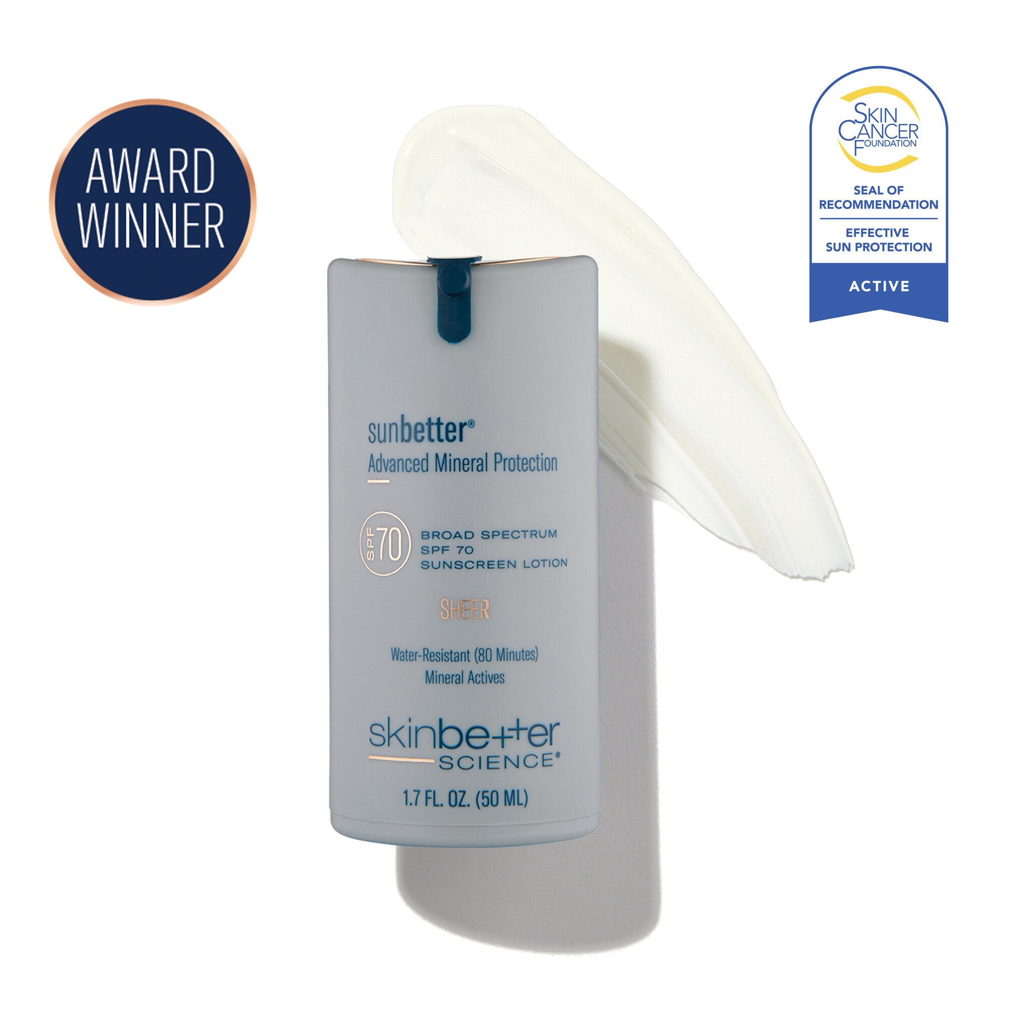 sunbetter SHEER SPF 70 lotion with swatch